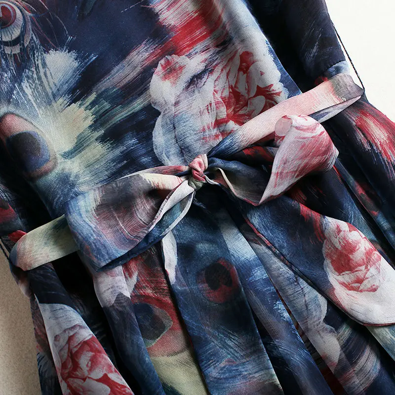 Мода цветочные печатный рукавов круглым воротом кружева dress summer женский
