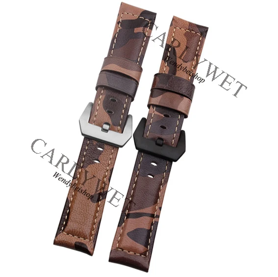 CARLYWET 22 24 26mm VINTAGE Camo Brown Watch Band Real Calf Leather Thick Strap Belt Silver Black Screw Buckle