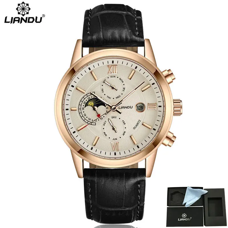 Liandu Moon Phase Мужская Повседневная Кварцевые часы многофункциональные спортивные