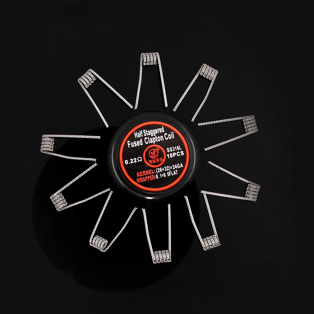 10 шт./компл. mkws готовые катушки средней длины в шахматном порядке Fused Clapton Coil A1 SS316L набор «сделай сам» для обслуживаемых атомайзеров и дрипок, RTA атомайзер электронная катушки для сигарет
