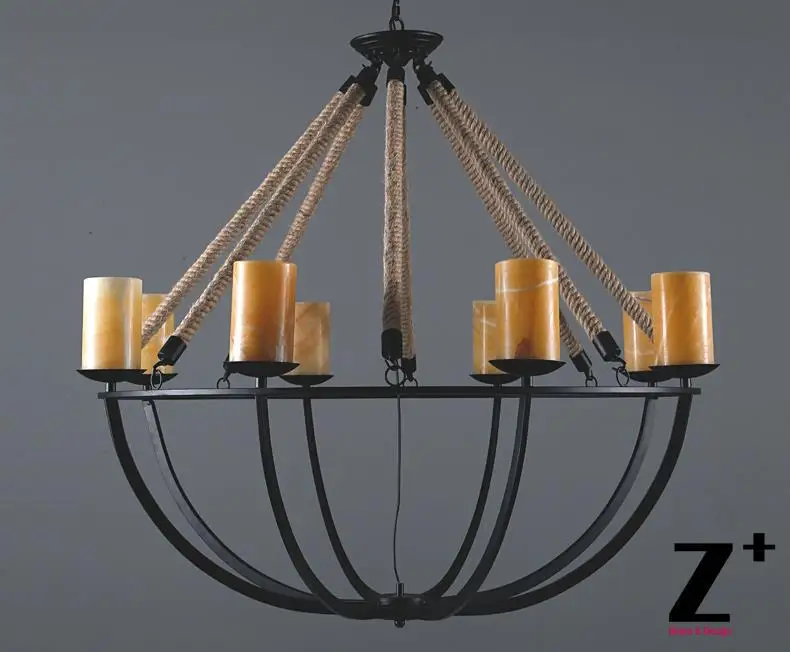 

America style vintage country Linen Flax Rope Marble candlestick made Led chandelier lamp E14 X 8 LIGHTs free shipping