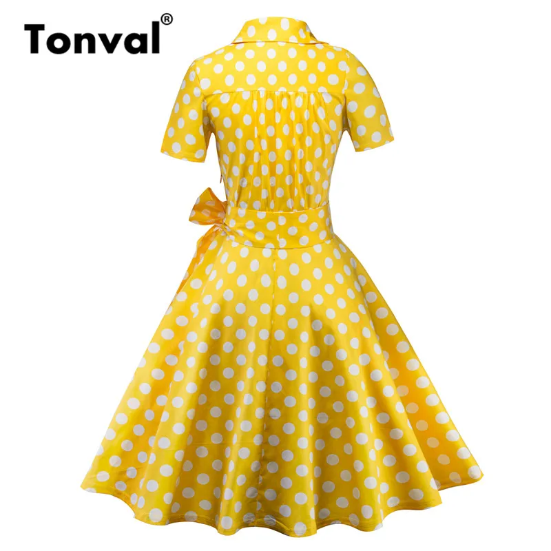 Tonval, Ретро стиль, горошек, рокабилли, желтое платье, для женщин, короткий рукав, v-образный вырез, ТРАПЕЦИЕВИДНОЕ ПЛАТЬЕ, для летней вечеринки, 50 s, винтажное платье