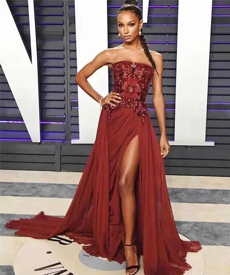 

High Quality Celebrity Strapless Slit Red Maxi Long Women's Dresses Luxury T Show Chic Night Party Dress
