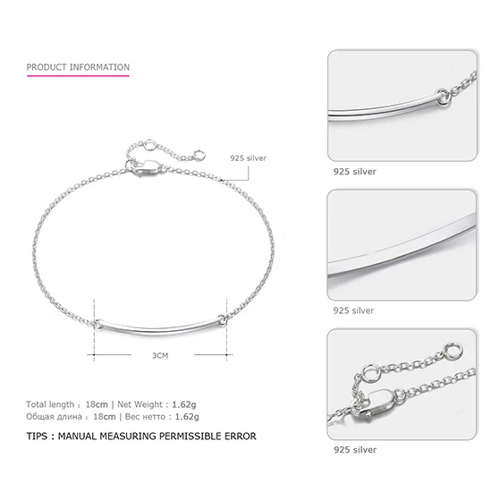Silver Bracelets Tardoo тонкие длинные Stick Браслеты 925 пробы серебро Геометрия браслет для Для женщин Fine Jewelry простой звено цепи Браслеты - Цвет камня: Silver Bracelets
