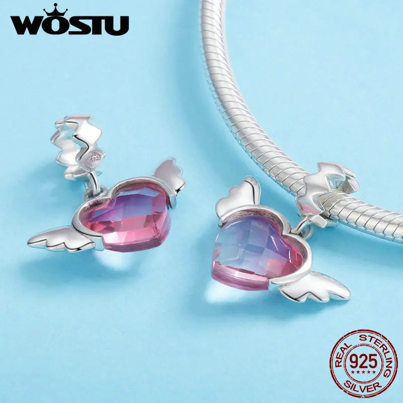 WOSTU, 925 пробы, серебряный, градиентный, розовый, сердце, крылья ангела, милый, CZ, бисер, браслет, подвеска, модные ювелирные изделия, вечерние, подарок, CQC846