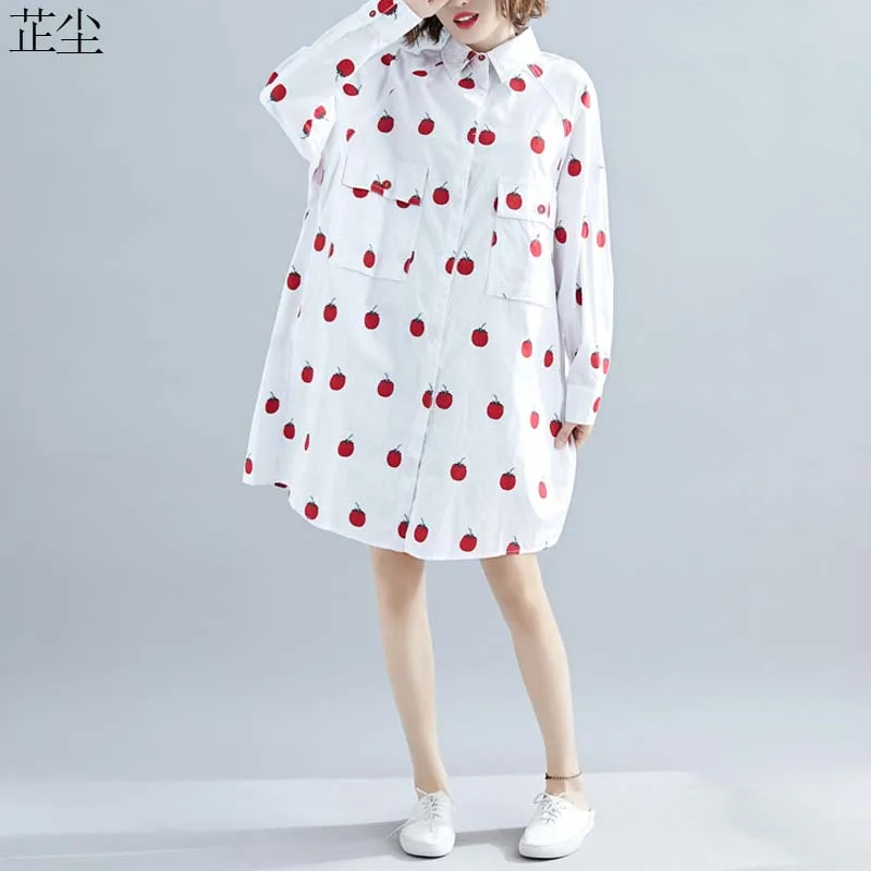 Женское платье рубашка с принтом вишни свободного покроя|Женские платья| |