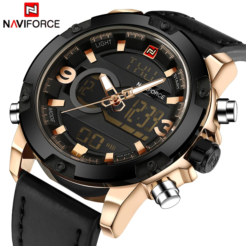 NAVIFORCE Роскошные Брендовые мужские Аналоговые Цифровые кожаные спортивные часы
