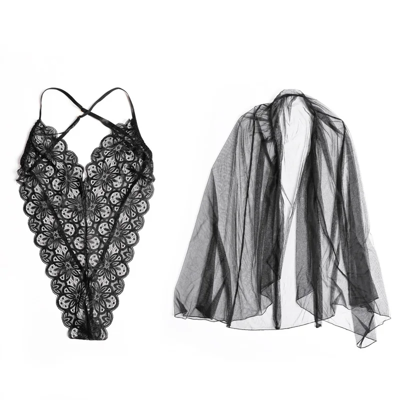 

New Sexy Nightdress For Women Suspenders Beauty Back Lingerie Transparent Lace Embroidery Tunic Female Bodysuit 2 sets One Size