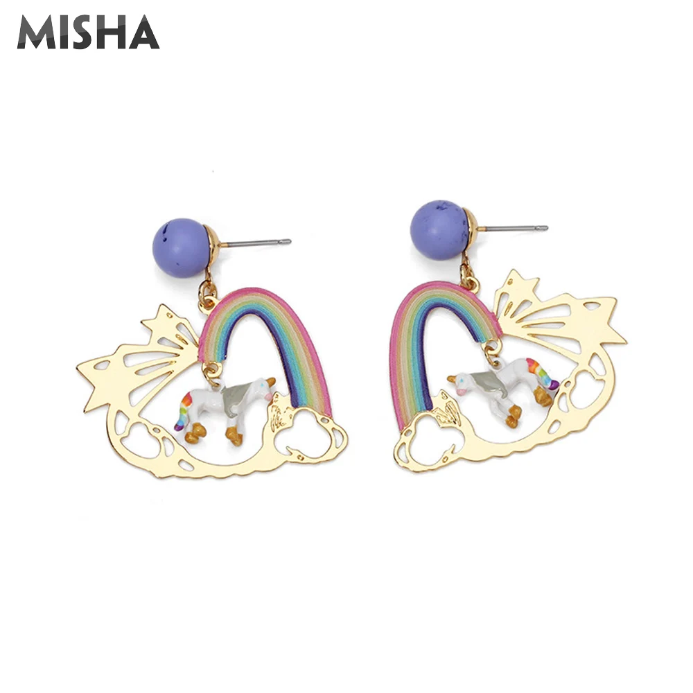 Stud Earrings MISHA Модные серьги для женщин ручной работы эмалированные глазурованные единорог Радуга ювелирные серьги для девушек Подарок - Окраска металла: Stud Earrings