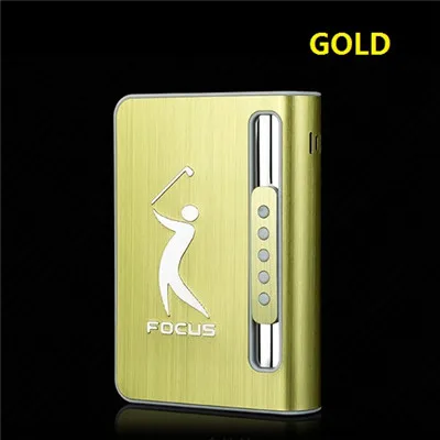 Gold Портативные металлические портсигар с зажигалкой 10 шт., держатель для сигарет, чехол, зажигалка, ветрозащитный фонарь, зажигалка - Цвет: Gold
