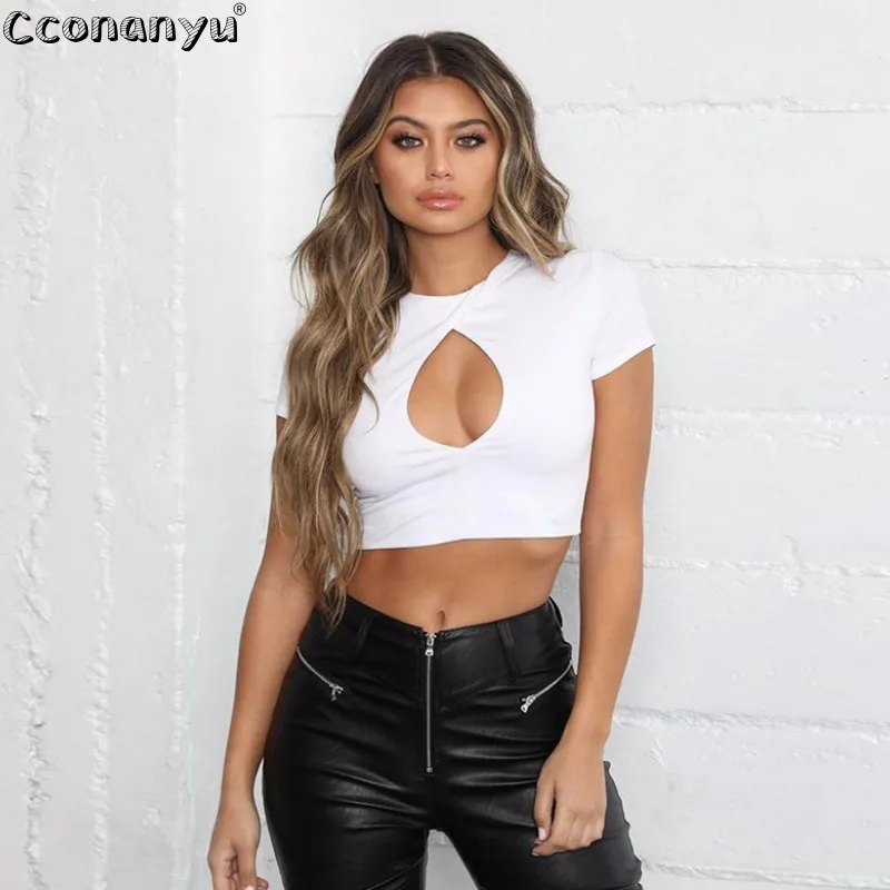 Женская облегающая футболка с круглым вырезом однотонная коротким рукавом и