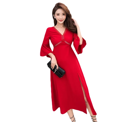 New Resort Beach Big Red Dress V Neck Fashion Ruffle Robe Charming Feminine Spring And Summer Cool Dresses | Женская одежда