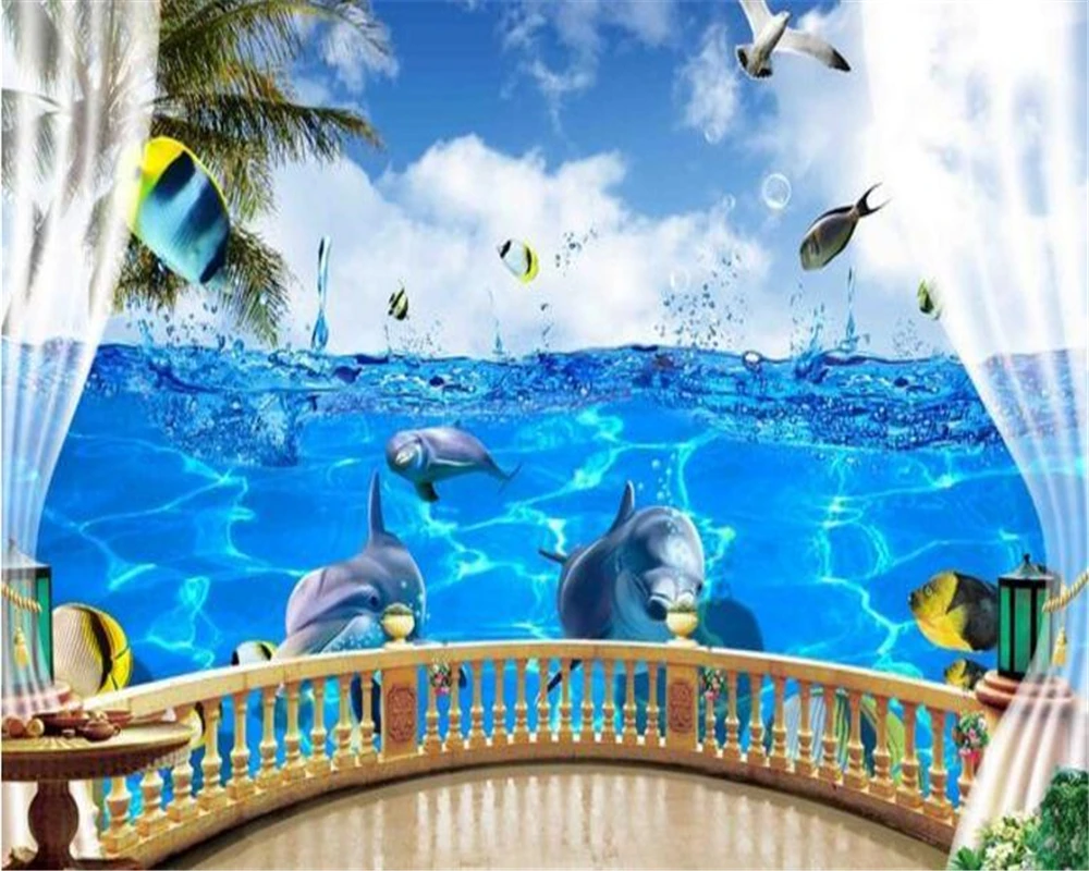 Beibehang Пользовательские Шелковые тканевые обои 3D балкон вид на море Дельфин океан