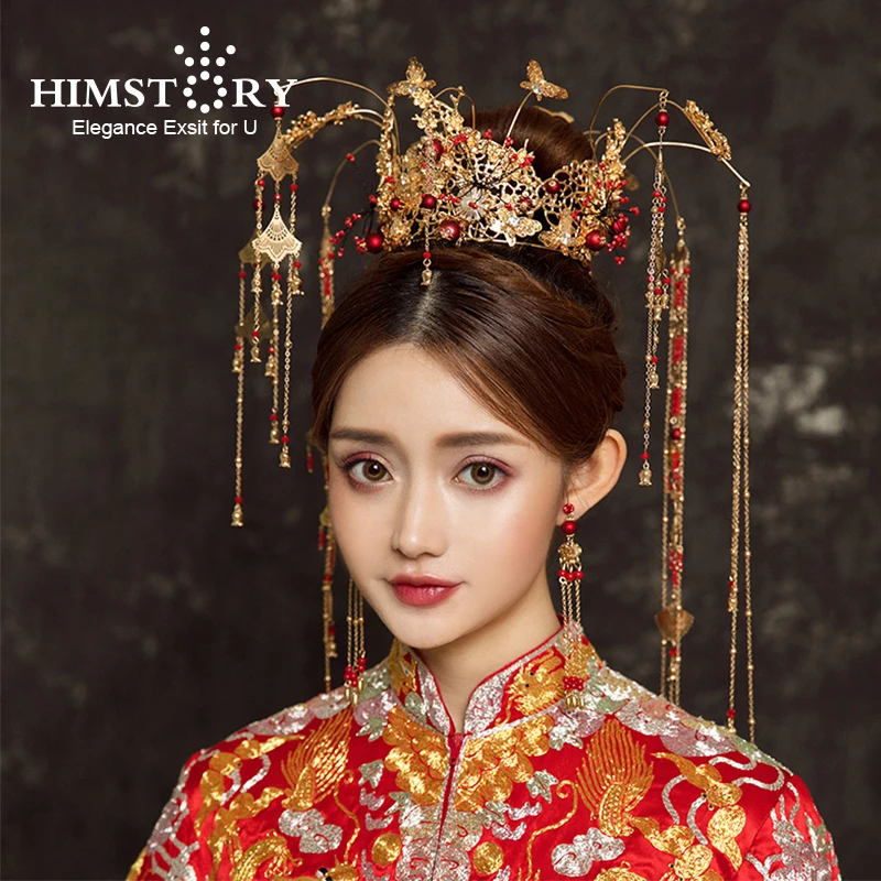 

HIMSTORY Chinese Retro Bridal Headwear Handmade Gold Long Tassel Phoenix Coronet Bridal Wedding Hair Accessories Jewelry