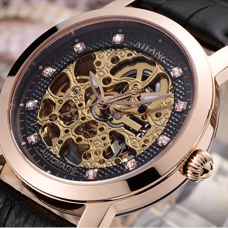 LeatherRoseGoldBlack Прохладный скелет для мужчин часы механические с автоподзаводом из натуральной кожи наручные часы Роскошные Кристаллы платье часы полый - Цвет: LeatherRoseGoldBlack