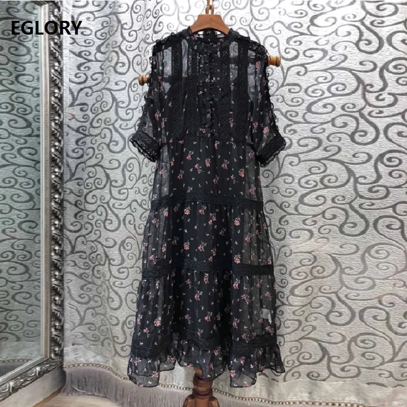 Vintage Retro Dress Summmer Fashion Party Evening Women Exquisite Embroidery Tunic Buttons Mid-Calf Length Dress Vestidos