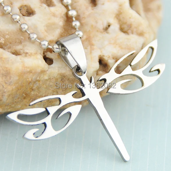 Модное серебристое ожерелье из нержавеющей стали с полым кулоном в виде стрекозы