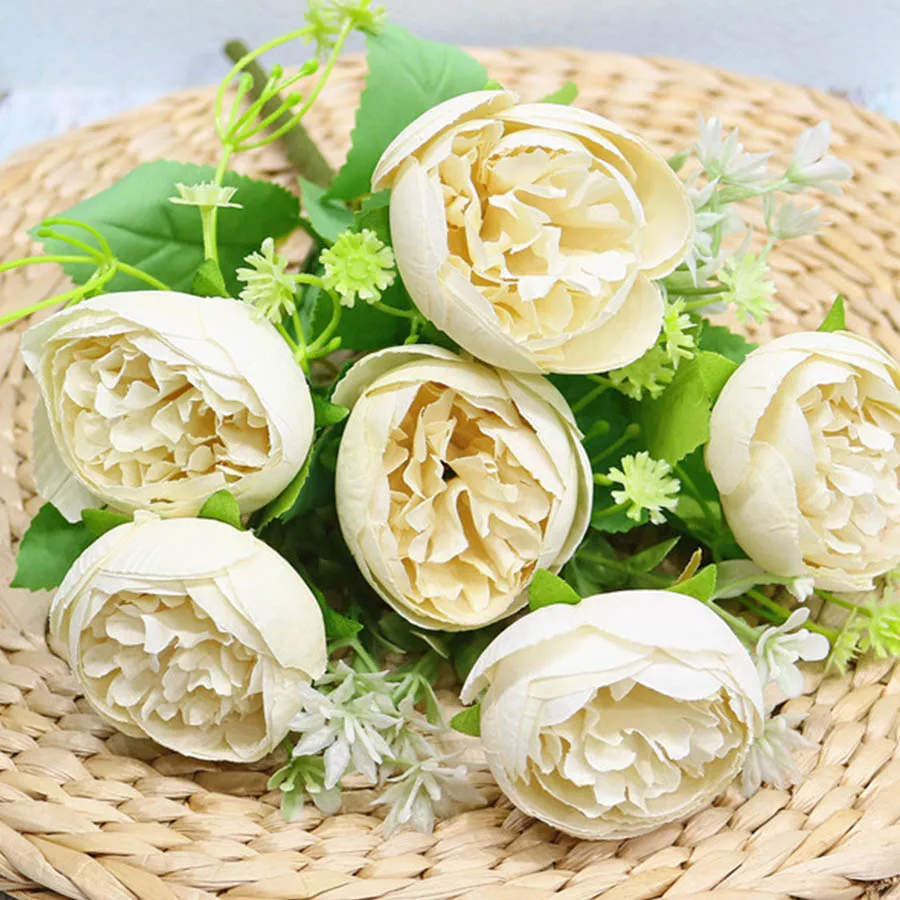 white purple artificial flowers peony silk bouquet for wedding decor high quality 6 head fake flowers peonies home decoration 8 colors - Цвет: white