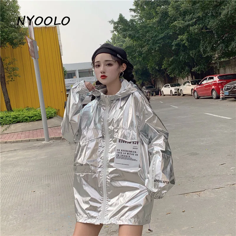 NYOOLO Harajuku Стильное яркое тонкое солнцезащитное пальто летняя уличная куртка с большим карманом и длинным рукавом на молнии с капюшоном женская верхняя одежда