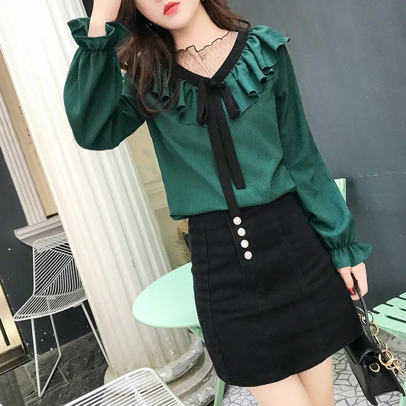 Женская шифоновая блузка с длинным рукавом темно зеленая из сетчатого материала