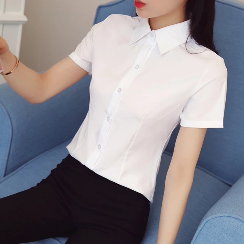 Women Summer OL Temperament Solid Color Loose Slim Lapel Vintage Short-sleeved Casual Bottoming Blouse | Женская одежда