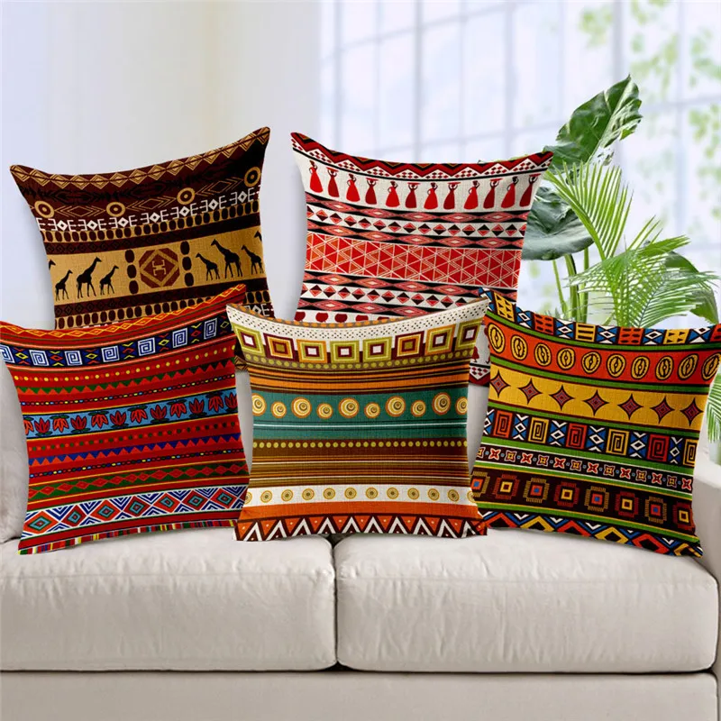 

African National Stripe Bohemian Style Geometric Home Decorative Throw Pillow Covers Linen Ethnic Cushion Cover Case 45cm*45cm