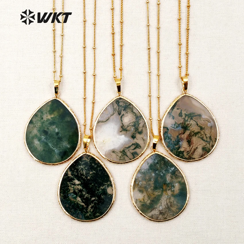 

WT-N1102 New ! Big Slice Water Drop Shape Natural Stone Pendants With Metal Chain Necklaces For Vintage Womeng Jewelry