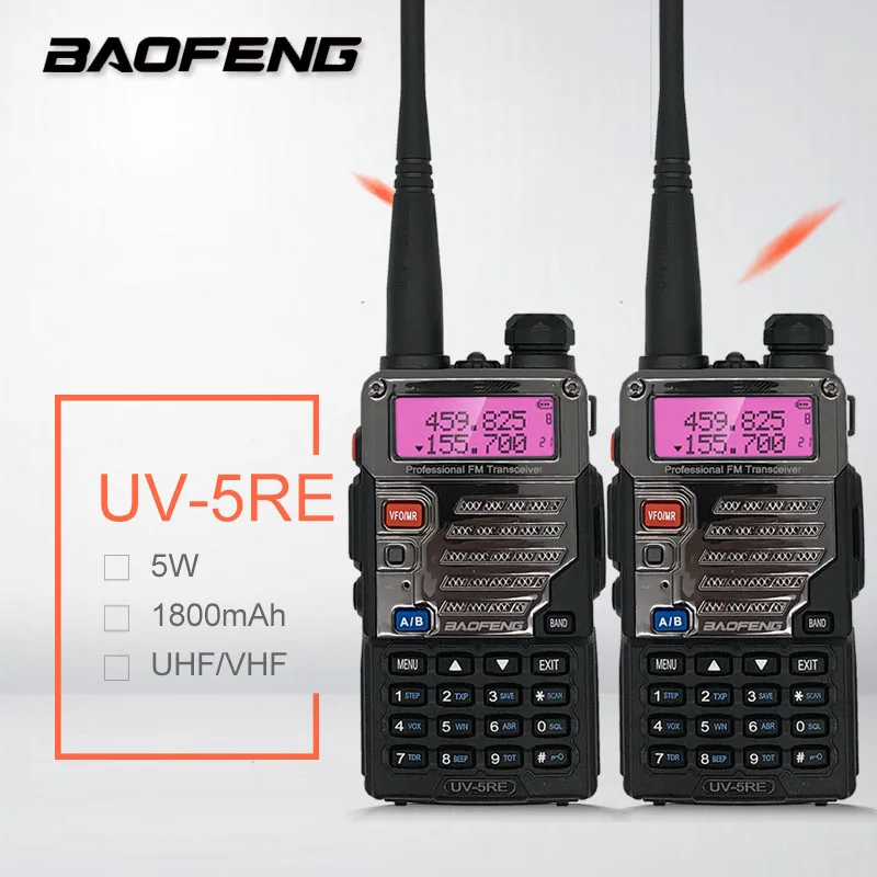 2PCS BaoFeng UV-5RE 5W Talkie Walkie rádio UV-5R VHF UHF Long Range Pofung UV5R CB Ham Radio station Amateur Police Scanner HF