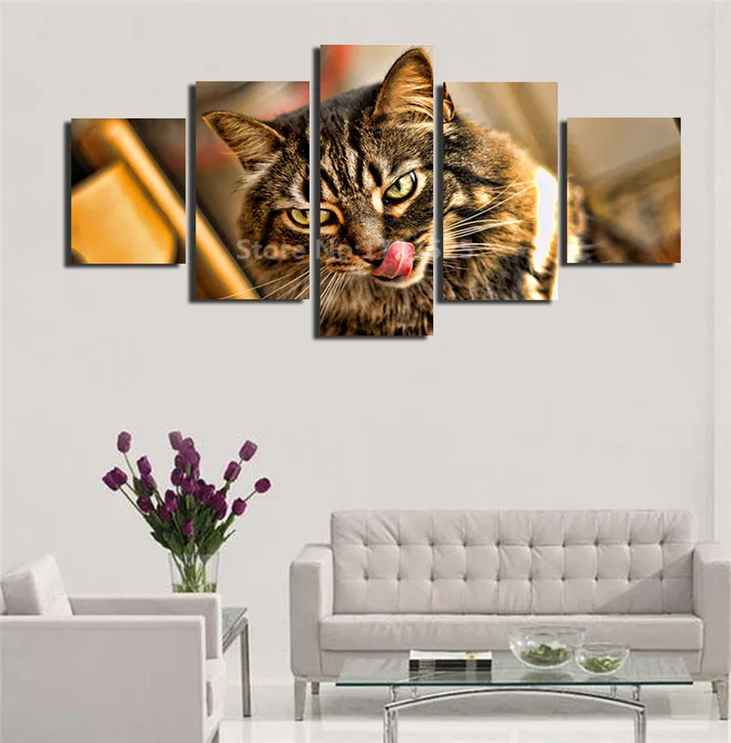 

Cat Is Waiting Hot Milk Canvas Painting 5 Pieces Modular Pictures Painting On The Wall For Living Room Home Decoration Unframed