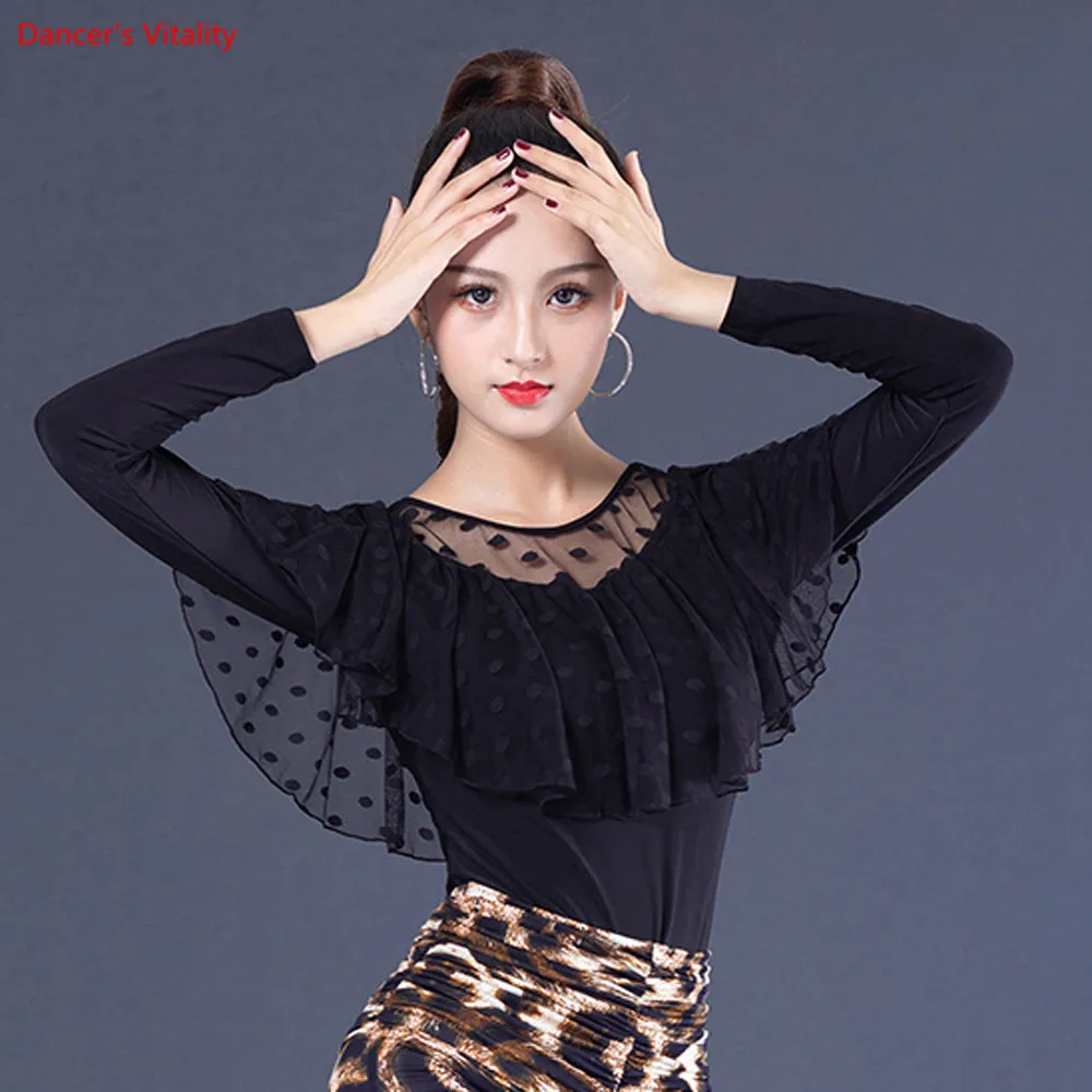 

2019 New Latin Dance Tops Fashion Long Sleeve Dance Practice Clothes Women Ballroom Waltz Square Dance Performance Costumes