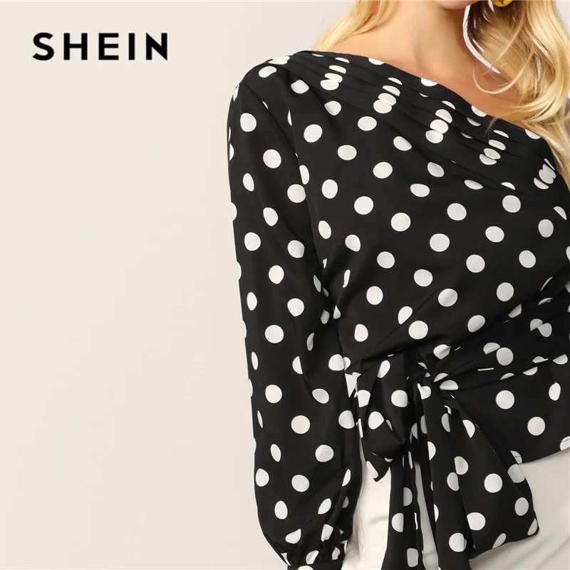 SHEIN Блузка С Поясом На Одно Плечо Нарядная Блузка В Горошек С Длинным Рукавом