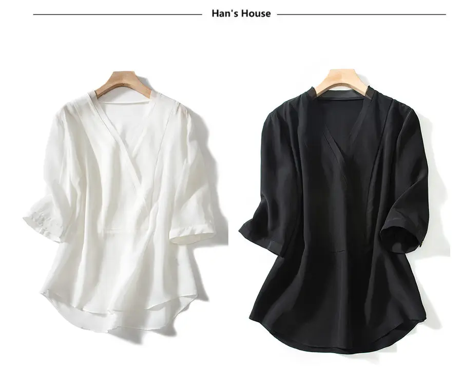 Heavy Silk Blouse V Neck 2 Colors Solid Womens Half Sleeve High Quality Loose Silk Blouses Casual New Fashion