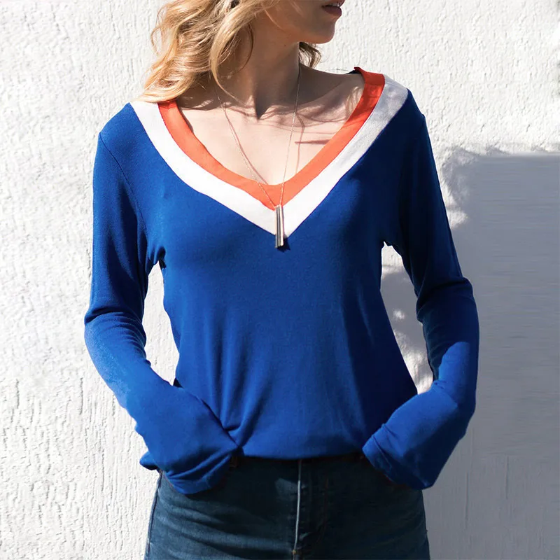 Новая женская осенняя футболка с длинными рукавами v образным вырезом