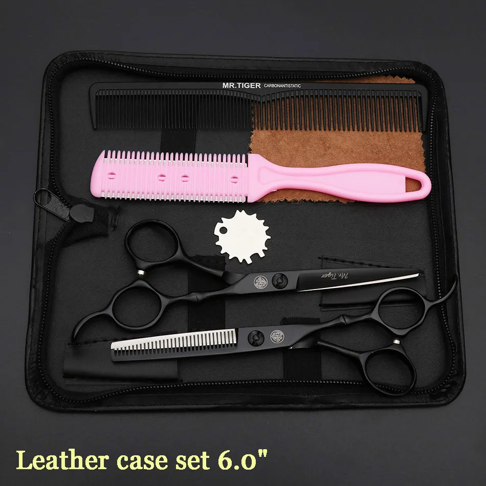 leather case set Япония Сталь 5,5 6,0 Профессиональный Парикмахерские ножницы набор ножниц для парикмахерской стрижки ножницы, ножницы стрижка - Цвет: leather case set