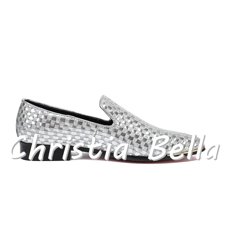 Christia Bella 2018 Fashion Silver Plaid Men Loafers Genuine Leather Party Dress Shoes Slip on Smoking Slippers Flats | Обувь