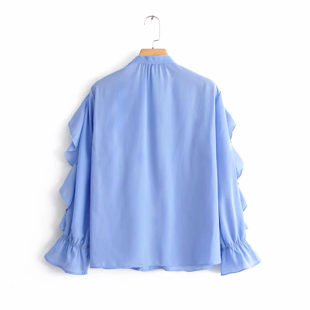 ZXQJ 2019 Fashion Spring Women Za Blue Ruffles Blouse Female Elegant Long Sleeve V-neck Cascading Shirts blusas mujer |