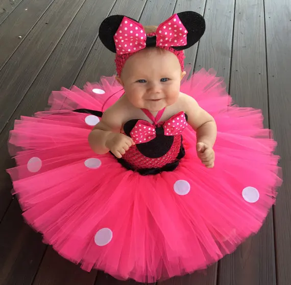 

Hot Girls Pink Mickey Tutu Dress Baby Crochet Tulle Tutus Minnie Dress with Dots Bow and Headband Set Kids Party Cosplay Dresses