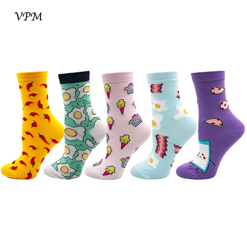 V828 VPM, женские носки, разноцветные, хлопковые, Harajuku, милые, пищевые, животные, кошка, собака, инопланетное пространство, забавные носки для девочек, рождественский подарок, 5 пара/лот - Цвет: V828