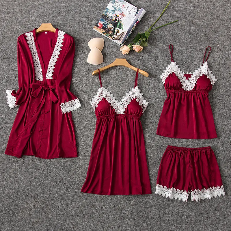 Сексуальный женский халат и кружевной Халат + Ночное платье 4 предмета одежда для