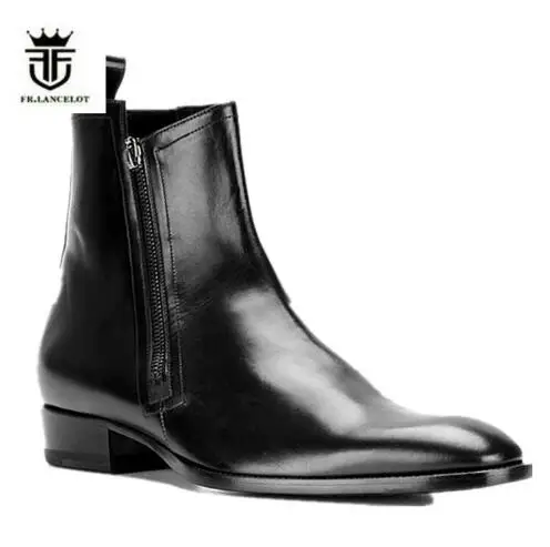 

FR.LANCELOT Brand Genuine Leather Fashion Chelsea Boots Side Zipper Men Shoes Trainers High Top Low Heel Men Shoes