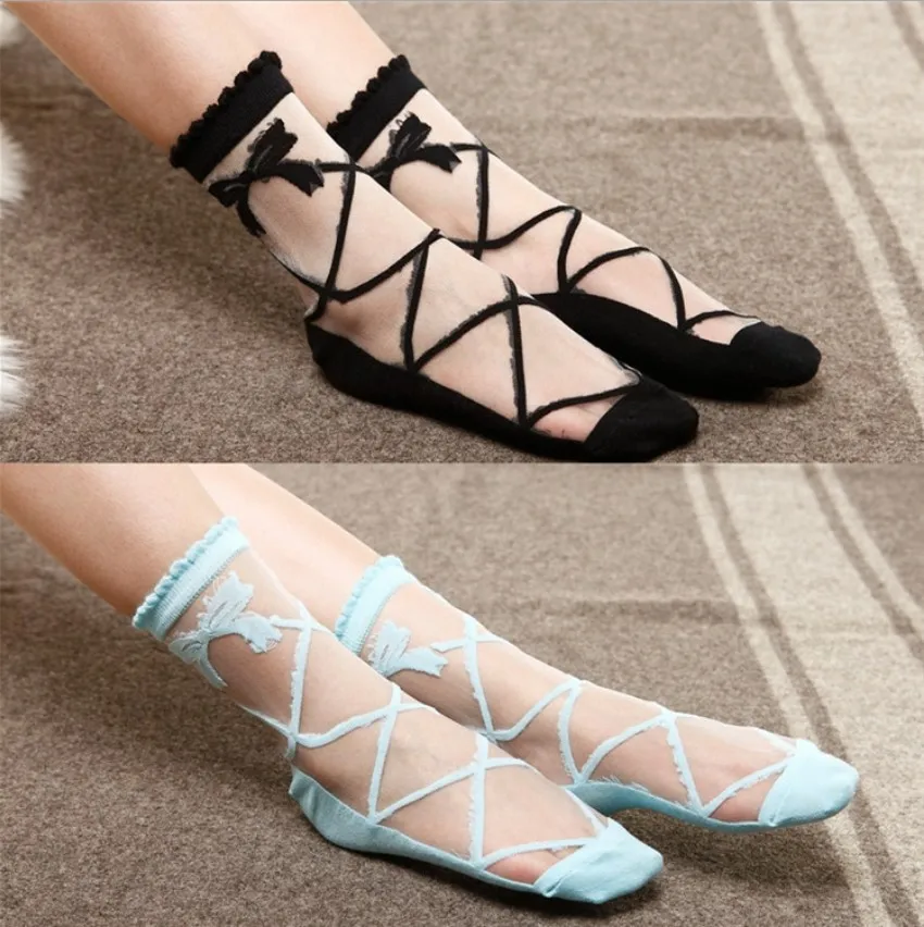 

lady socks Glass silk stretch bowknot crystal socks women socks silk socks