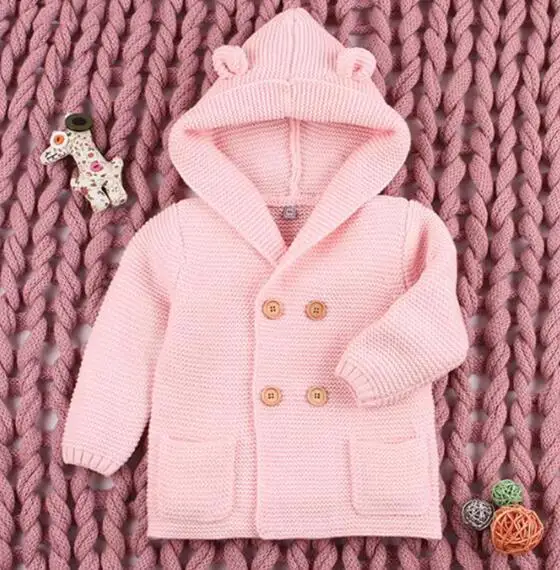 Pink Г. осенний вязаный кардиган для маленьких мальчиков, теплая одежда для девочек однотонное пальто с капюшоном вязаная одежда для маленьких девочек, Детский свитер - Цвет: Pink