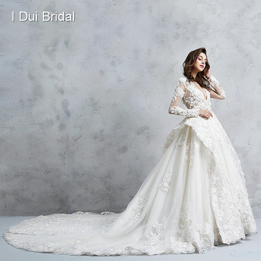 Illusion Corset Long Sleeve Wedding Dress Royal Luxury Pearl Beaded Ball Gown Bridal Gown