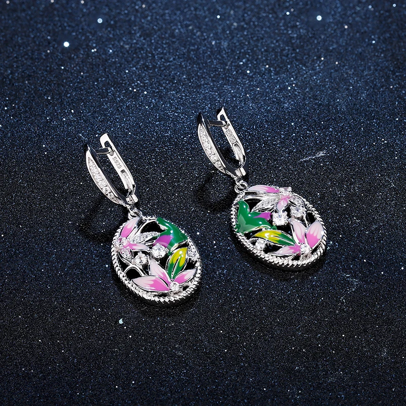 Round Stud Earrings 925 Sterling Silver Flowers Clear crystal CZ Pendant Jewelry Set For Women Necklace Fashion Gift | Украшения и