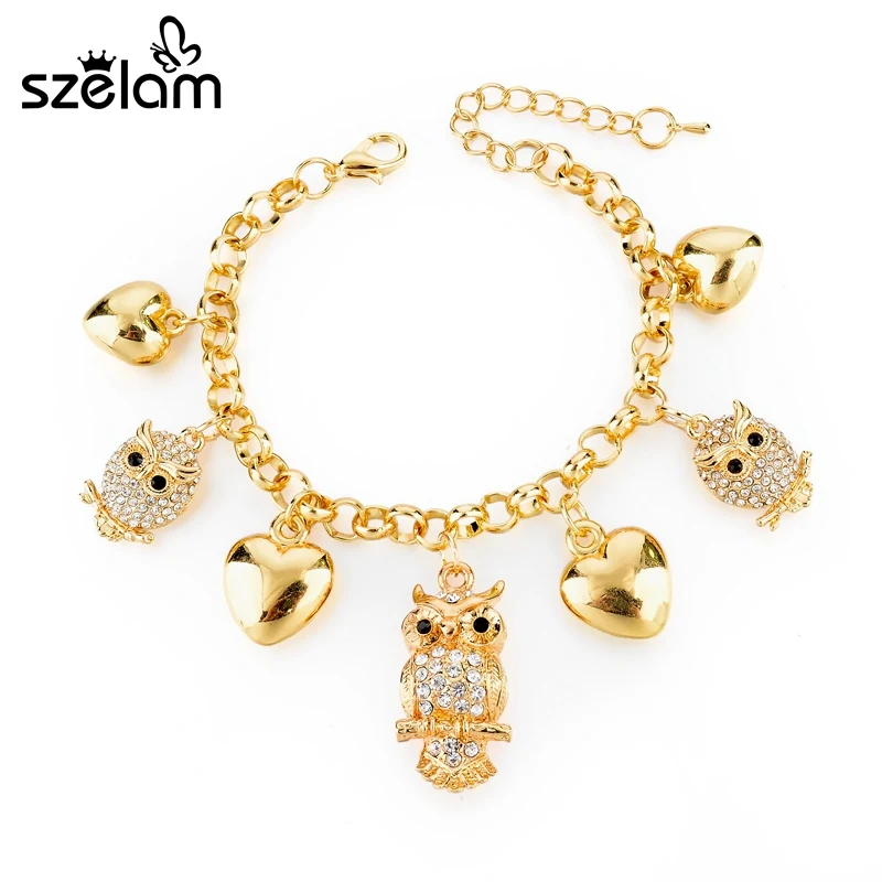 

Szelam Crystal Owl Pendant Bracelet Female Heart Love Charm Bracelets For Women Gold Jewelry Pulseras SBR160024