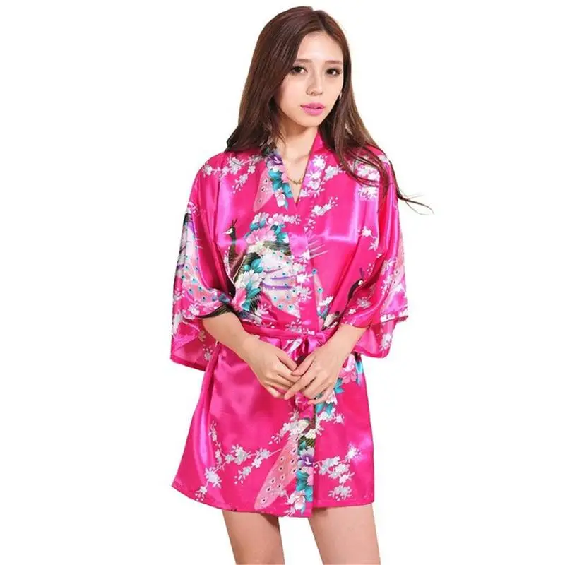 

Hot Pink Chinese Women Silk Rayon Mini Robe Sexy Kimono Bath Gown Intimate Lingerie Pajama Plus Size S M L XL XXL XXXL ZS029