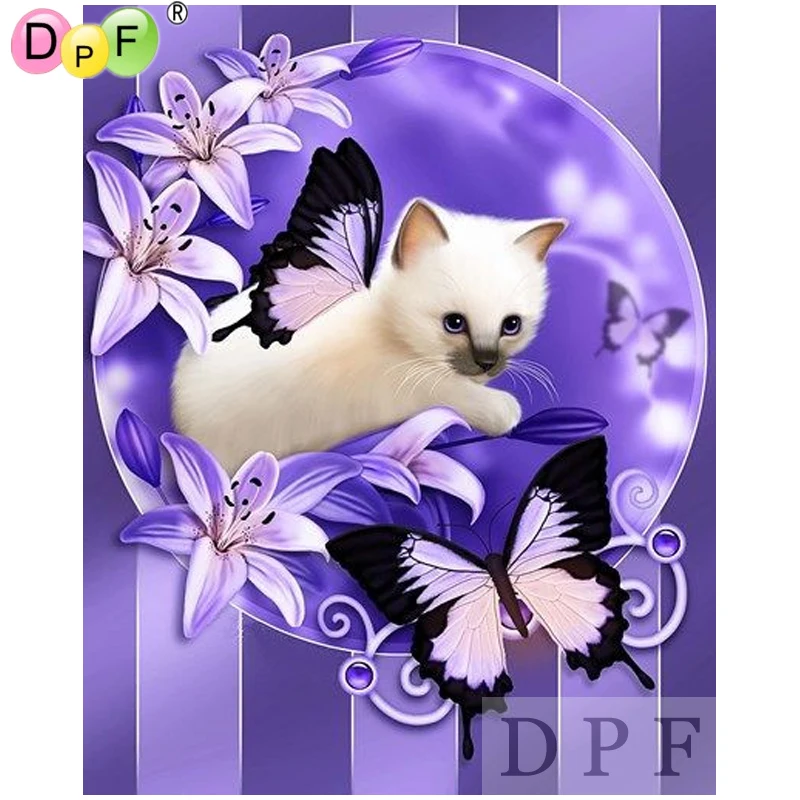 DPF Алмазная вышивка белая кошка и фиолетовая бабочка алмазная живопись крестиком
