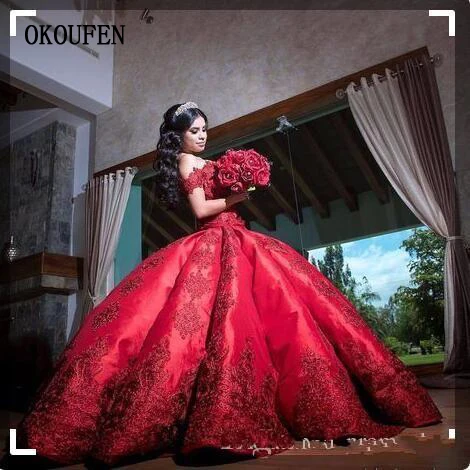 

2021 Red Ball Gown Quinceanera Dresses Luxury Red Satin Extra Puffy Exquisite Appliqued Sweet 16 vestidos de 15 anos ballkleid