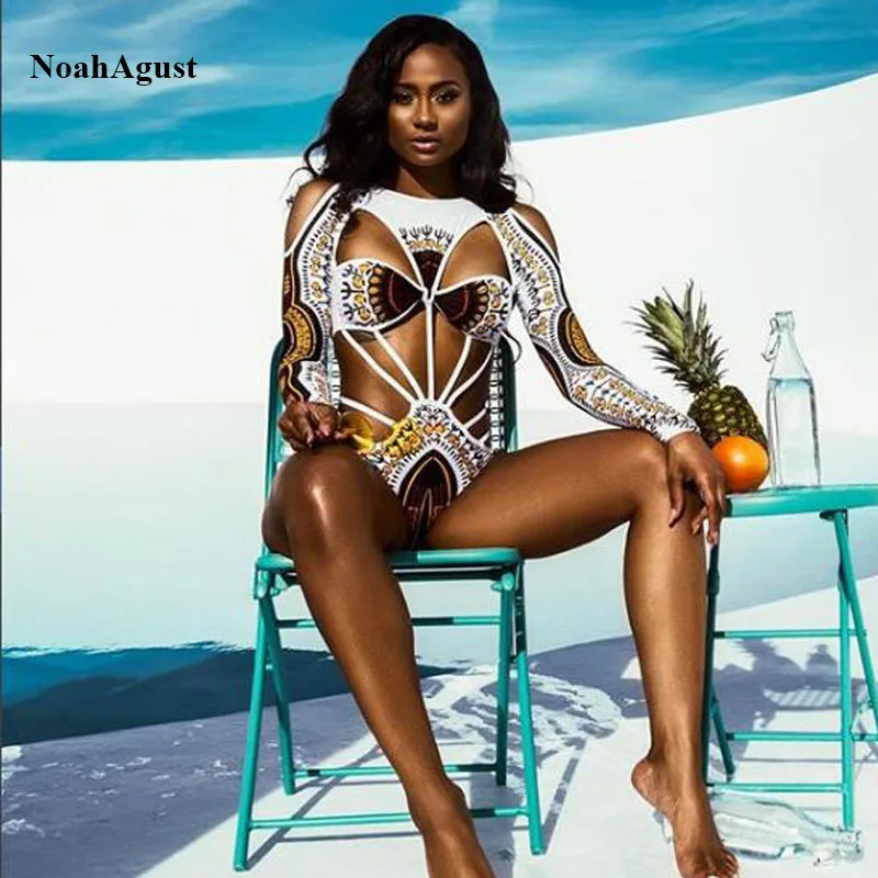 African Off Shoulder One Piece Swimsuit Women Backless Sexy Monokini Long Sleeve Swimwear Female Swimming Suit | Спорт и развлечения
