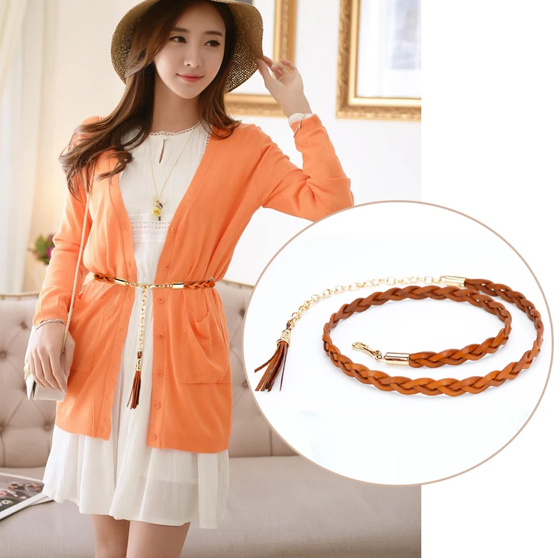 Top Layer Cowskin Knit Dull Polish Fine Waist Belt Decoration Dress Tassels Dermis Chain Black Women Width 1.5cm | Аксессуары для